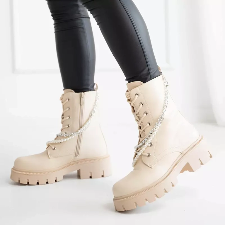 OUTLET Genti dama crem cu lant si perle Agsiva - Incaltaminte