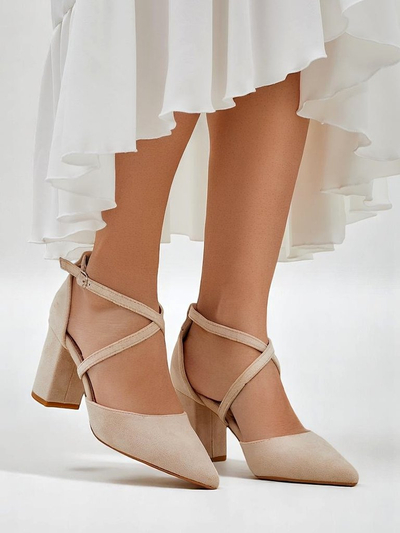 Royalfashion pantofi cu toc bloc din piele întoarsă ecologică pentru femei, cu barete Kanastru