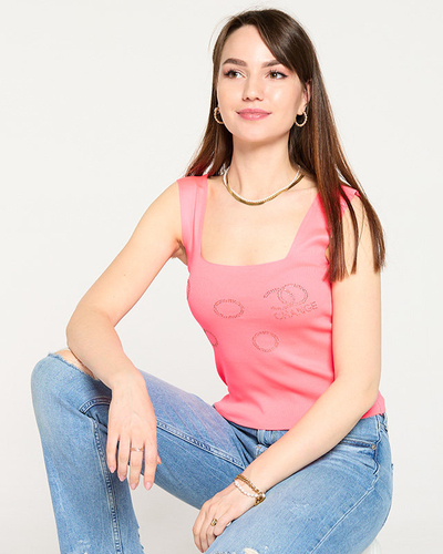 Top de damă, roz neon, cu zirconiu cubic auriu - Îmbrăcăminte