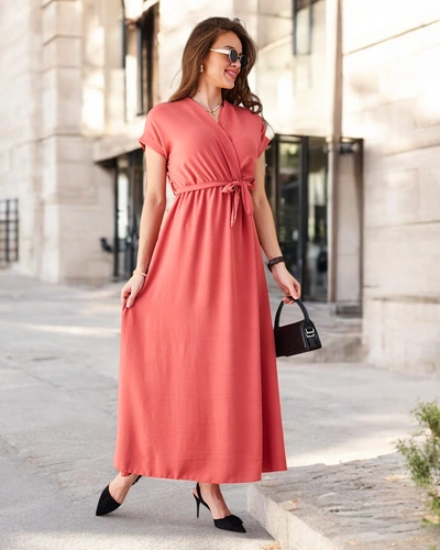 Rochie midi pentru femei Royalfashion cu decolteu înfășurat, mâneci scurte și un centură