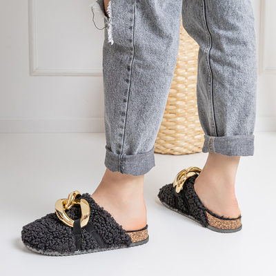 Papuci de damă negri cu palton și lanț din piele de oaie Juka - Pantofi