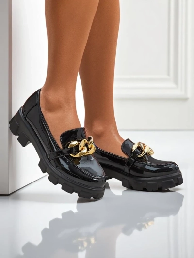 Loafers damă Persefone Nero cu talpă groasă, piele ecologică neagră 5cm