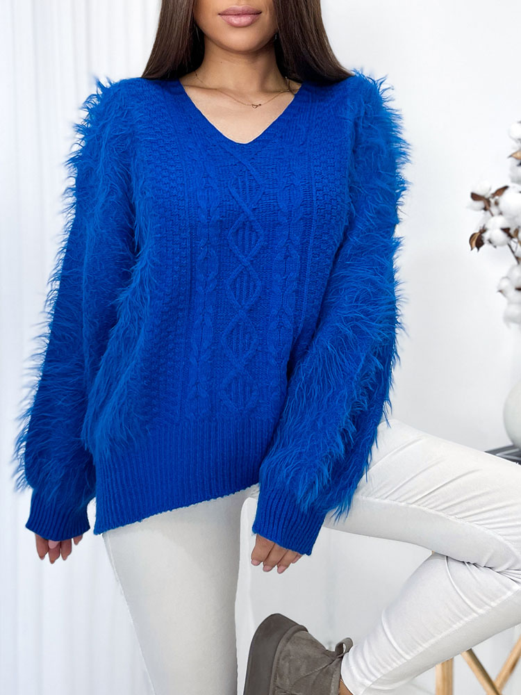Royalfashion Pulover de damă pufos de culoare cobalt