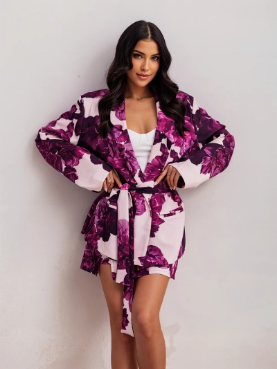 Set floral Royalfashion pentru femei cu blazer legat și pantaloni scurți