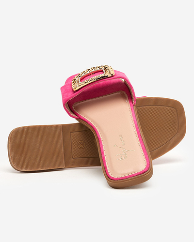 OUTLET Papuci dama fuchsia din piele intoarsa ecologica cu catarama aurie Lozi. Încălţăminte