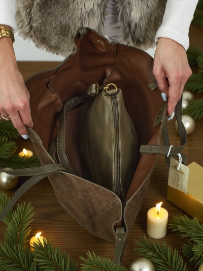 Geantă de damă shopper eco din piele întoarsă cu o geantă mai mică din piele eco inclusă, set 2 în 1 Elinea