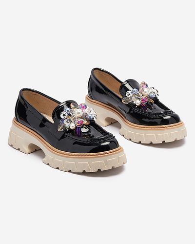 Mocasini de damă lăcuiți negri cu ornament Leliab- Footwear