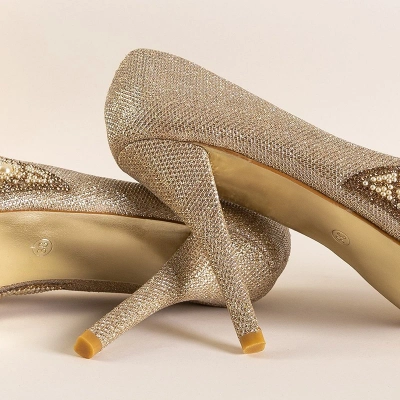 OUTLET Pompe lucioase aurii pe toc stiletto Prisca - Pantofi