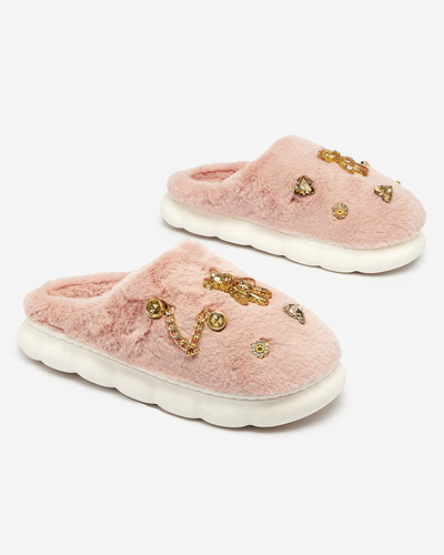 Royalfashion Papuci de blană pentru femei roz cu ornamente Erserra