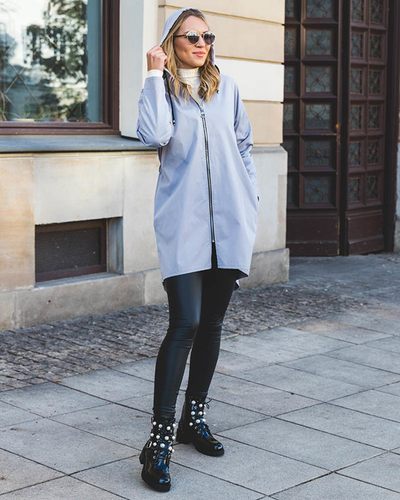 Jachetă lungă gri pentru femei, tip windbreaker - Îmbrăcăminte