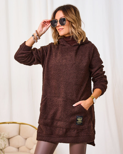 Royalfashion Pulover lung de damă maro închis cu glugă