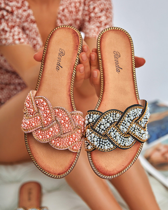 Papuci de dama negri cu margele si perle Cetera - Pantofi