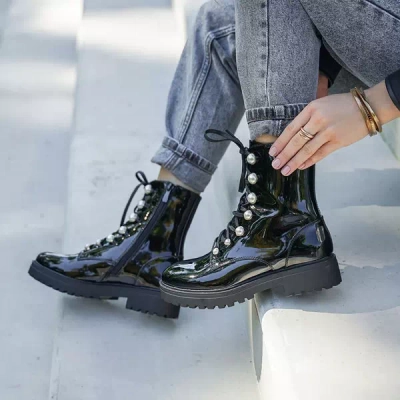 OUTLET Cizme dama lacuite negre cu perle Lumines - Incaltaminte