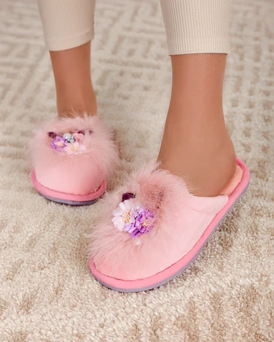 Papuci de blană pentru femei Royalfashion cu flori Ederra