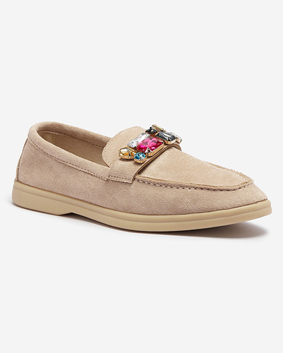 Mocasini pentru femei din piele de căprioară ecologică maro deschis cu cristale decorative Nellens- Footwear