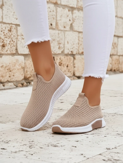Slip-on damă Selene maro deschis, material textil, toc plat, confort