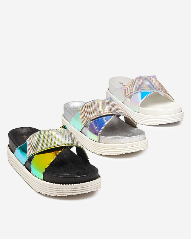 Papuci holografici negri de dama cu paiete Keliso - Incaltaminte