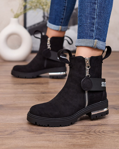 Royalfashion Cizme negre din eco-suede cu curea și fermoare Redmisala