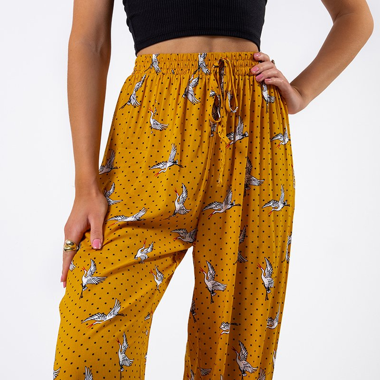 Pantaloni harem de culoare galbenă pentru femei cu păsări - Îmbrăcăminte