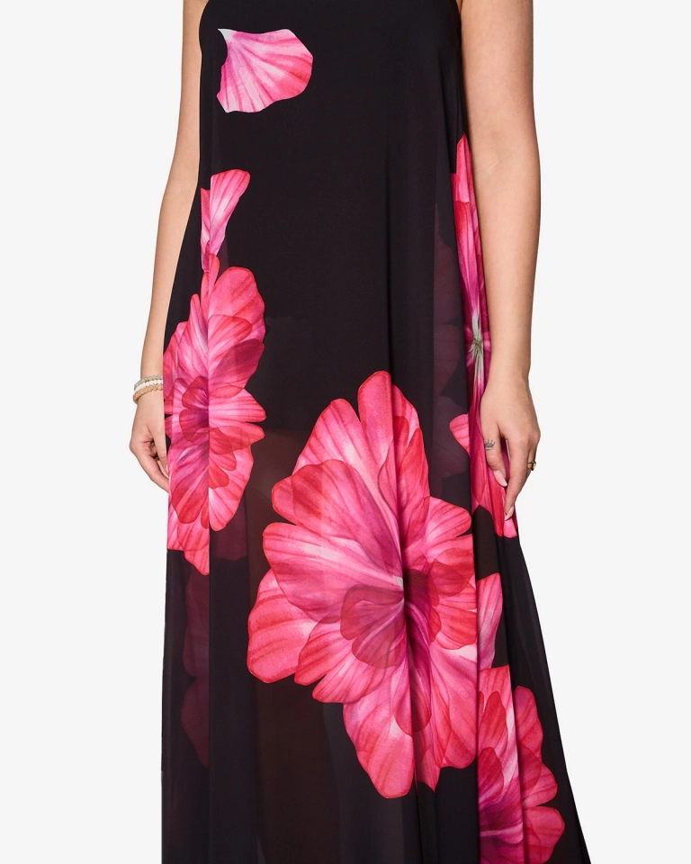 Rochie midi de damă neagră cu flori fucsia- Îmbrăcăminte