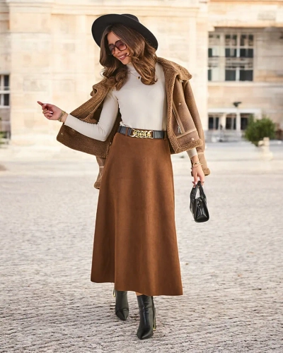 Fusta midi pentru femei Royalfashion a' la piele intoarsa