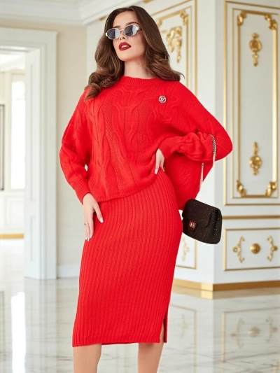 Royalfashion Set de femei împletit din acrilic cu sweater și fustă Warm&Fuzzy