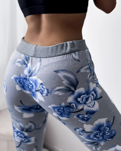 Pantaloni scurți de damă gri 3/4 lungime cu model floral - Îmbrăcăminte