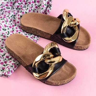 OUTLET Papuci negri pentru femei cu decor auriu Deirdre - Încălțăminte