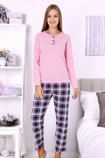 Pijama de damă din bumbac cu modă regală cu pantaloni în carouri