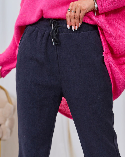 Royalfashion Pantaloni din țesătură de catifea de culoare albastru marin pentru femei