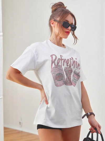 Royalfashion tricou de femei din bumbac cu imprimeu din strasuri