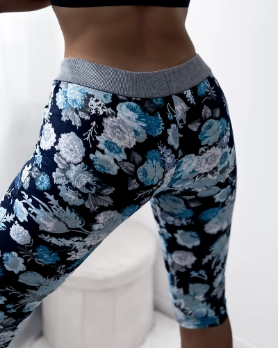 Pantaloni scurți 3/4 de damă, albastru închis, cu model floral - Îmbrăcăminte