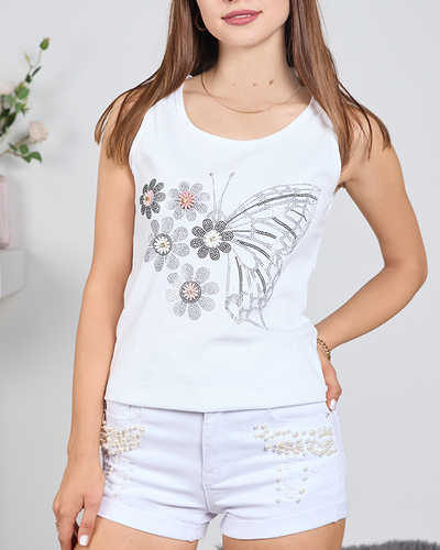 Top de dama alb cu fluture si flori - Imbracaminte