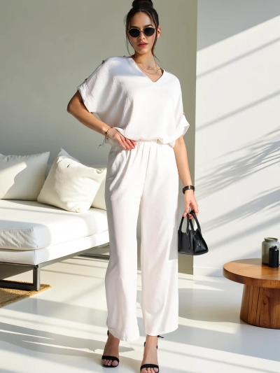 Royalfashion Set casual pentru femei, cu bluză cu mânecă scurtă și pantaloni largi