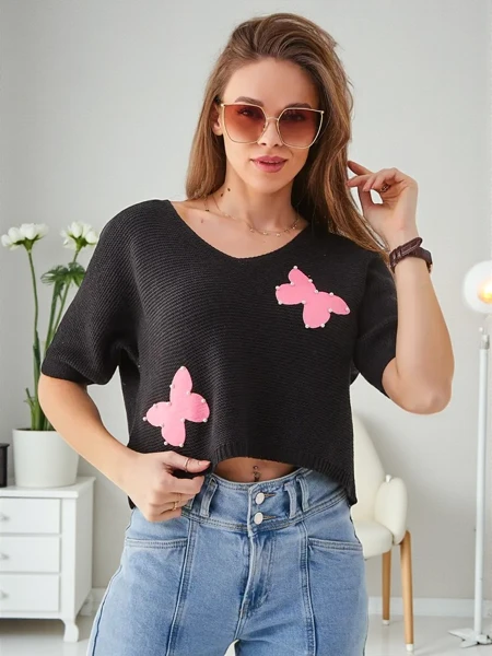 Royalfashion Pulover scurt din bumbac pentru femei cu fluturi