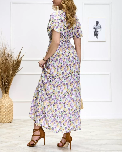 Rochie midi cu motive florale pentru femei, de culoare violet-verde - Pantofi