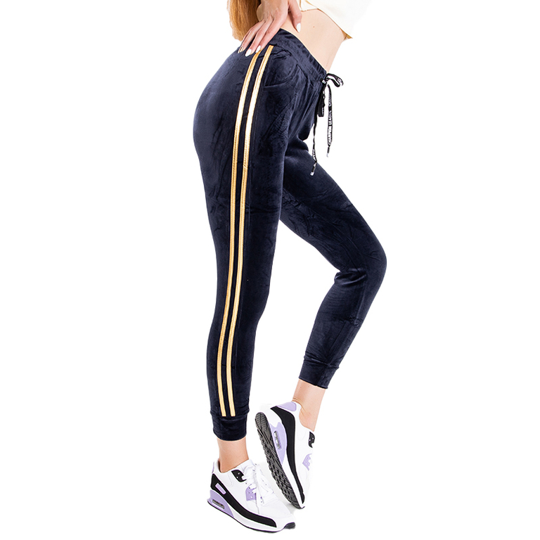 Treninguri din velur bleumarin pentru femei cu dungi de aur - Îmbrăcăminte