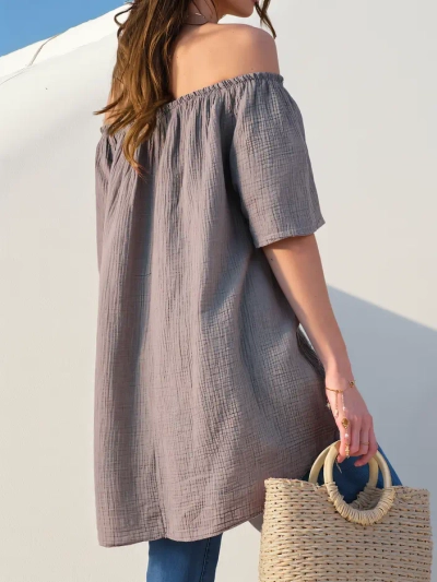 Bluză din bumbac Royalfashion pentru femei a'la off-the-shoulder cu butoane decorative