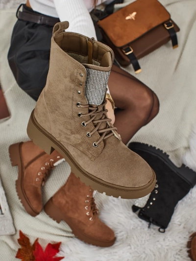 Botine de damă Ferlyne din piele ecologică de căprioară cu șireturi