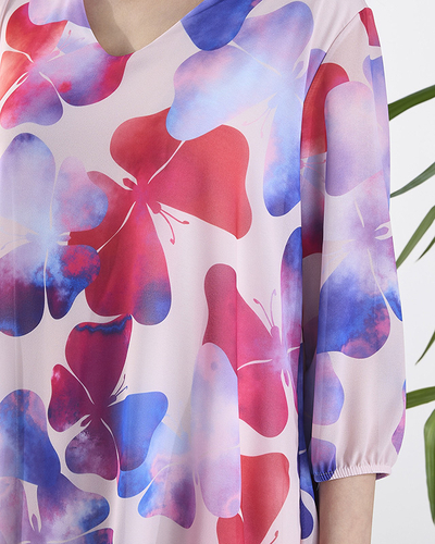 Rochie mov de damă până la genunchi cu imprimeu și volan- Îmbrăcăminte