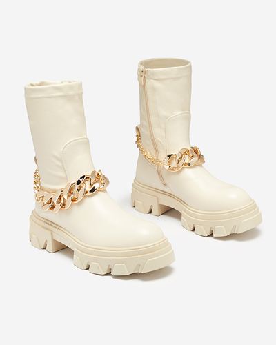 Cizme din piele ecologică crem pentru femei cu lanț Adiza - Încălțăminte