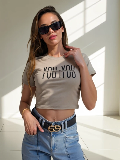 Royalfashion Crop Top din bumbac pentru femei cu inscripția