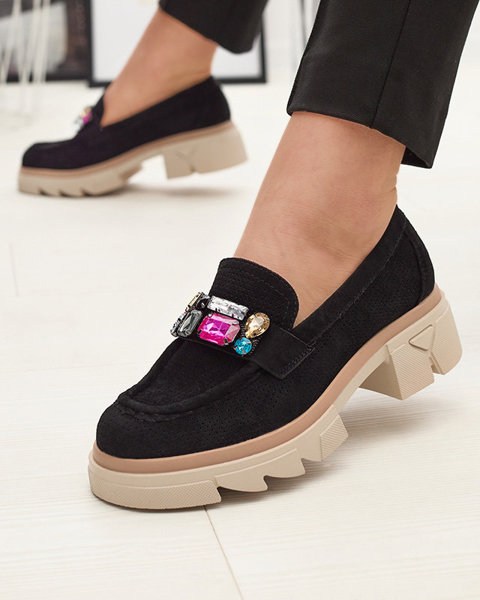 Mocasini negri traforați pentru femei cu decor Bokkso- Încălțăminte