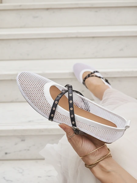 Balerini Royalfashion Calista Bianca – pantofi de damă albi tip plasă cu barete negre