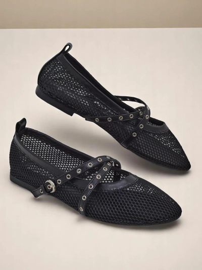 Balerini Royalfashion Arethusa Nero din plasă cu toc plat