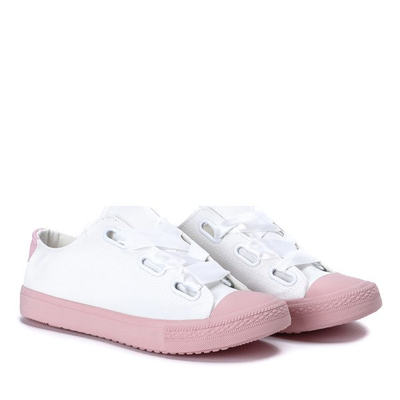 Biało-różowe trampki wiązane wstążką Larissa - Obuwie