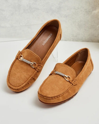Mocasini Dama Camel Aurelia din Piele Întoarsă cu Ornament - Confort și Stil pe Toc Plat