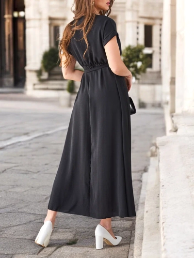 Rochie midi pentru femei Royalfashion cu decolteu înfășurat, mâneci scurte și un centură