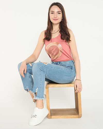 Bluză coral pe bretele cu imprimeu și zirconiu cubic - Îmbrăcăminte