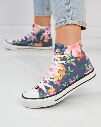 Royalfashion Adidași înalți de damă de culoare albastru marin cu imprimeu floral colorat Fahenna